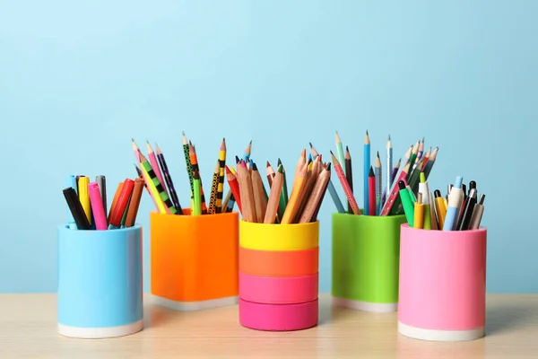 Titulares Con Diferentes Artículos Papelería Escolar Sobre Mesa Madera Sobre —  Fotos de Stock