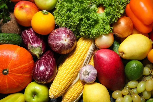 Sortimento Frutas Legumes Orgânicos Frescos Como Fundo Close — Fotografia de Stock