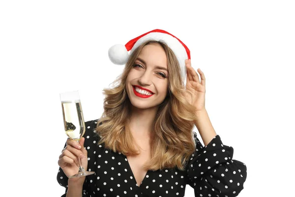 Beyaz Arka Planda Bir Bardak Şampanyayla Noel Baba Şapkası Takan — Stok fotoğraf