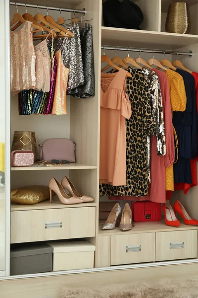 Different Stylish Women Clothes Hangers Wardrobe — Stock Photo, Image