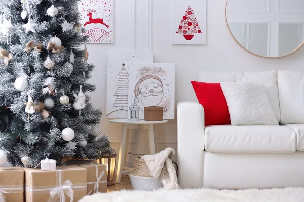 Beautiful Christmas pictures in festive room interior