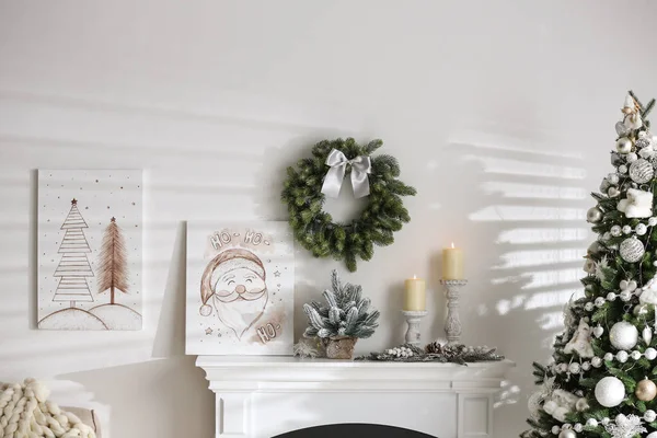 Beautiful Christmas pictures in festive room interior