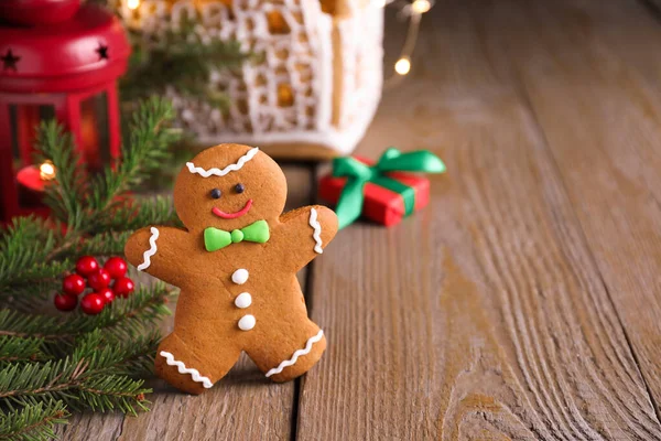 Gingerbread Man Wooden Table Space Text — Stock Photo, Image