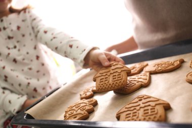 Küçük çocuk evde çarşaftan lezzetli bir Noel kurabiyesi alıyor.
