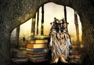 Beautiful wise owl near books in fantasy world clipart