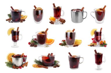 Beyaz arka planda aromatik sıcak şarap seti