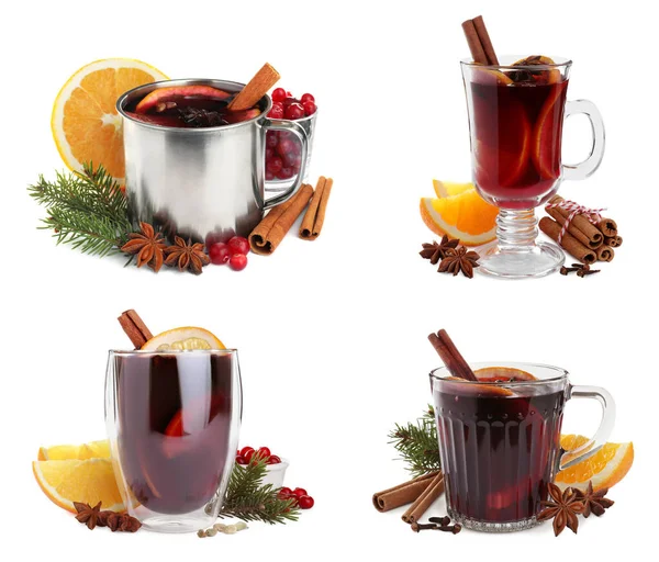 Set Aromatischer Glühwein Auf Weißem Hintergrund — Stockfoto