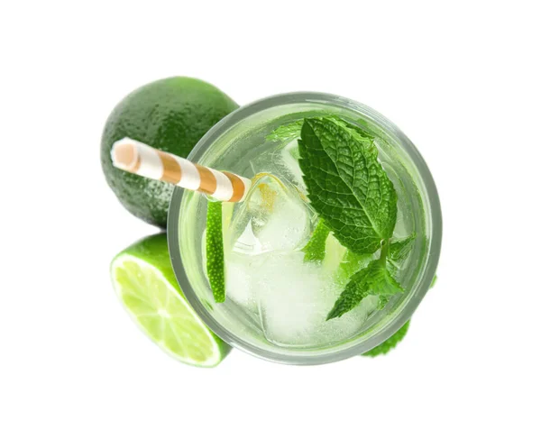 Läckra Mojito Och Ingredienser Vit Bakgrund Ovanifrån — Stockfoto