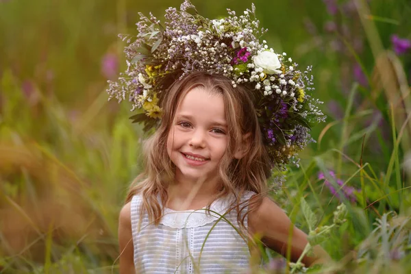 Menina Bonito Vestindo Grinalda Feita Flores Bonitas Campo — Fotografia de Stock