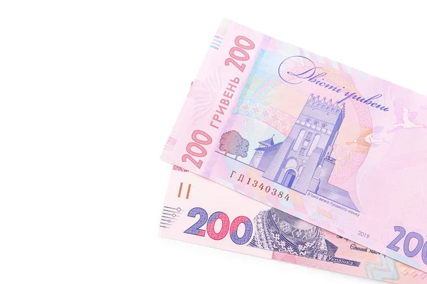 200 Ukrainian Hryvnia Bankovky Bílém Pozadí Pohled Shora — Stock fotografie