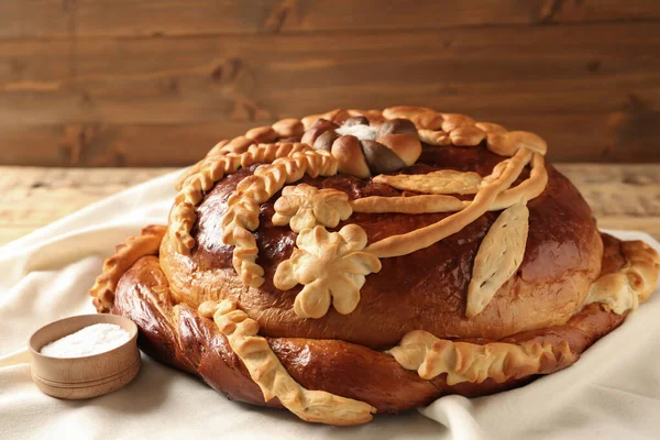 Korovai Bordet Närbild Ukrainska Bröd Och Salt Välkomnande Tradition — Stockfoto