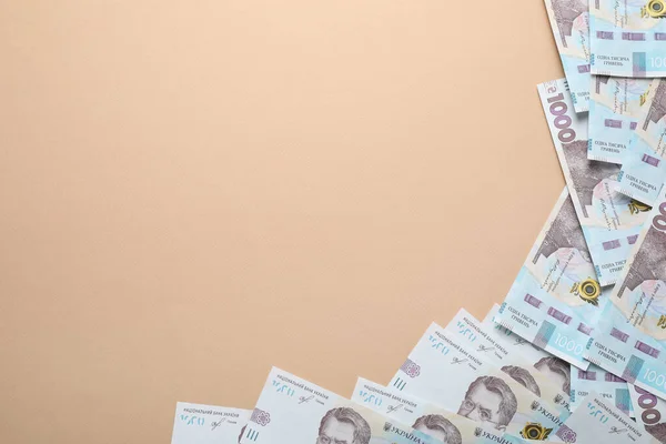 Ukrainisches Geld Auf Beigem Hintergrund Flach Liegend Raum Für Text — Stockfoto