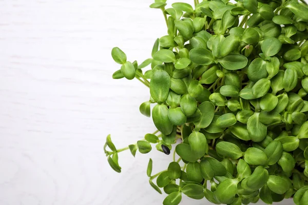 Fris Biologisch Microgroen Witte Tafel Bovenaanzicht Ruimte Voor Tekst — Stockfoto