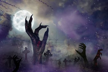 Korkunç zombiler ve canavarlar, Cadılar Bayramı gecesi dolunay altında eski, sisli mezarlıkta ortaya çıkıyorlar.