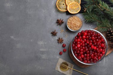 Gri masada taze kızılcıklarla bezenmiş düz bir kompozisyon. Metin için boşluk