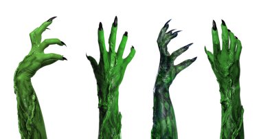 Beyaz arka planda korkunç canavarların fotoğraflarıyla kolaj, yakın plan. Cadılar Bayramı karakteri, afiş tasarımı