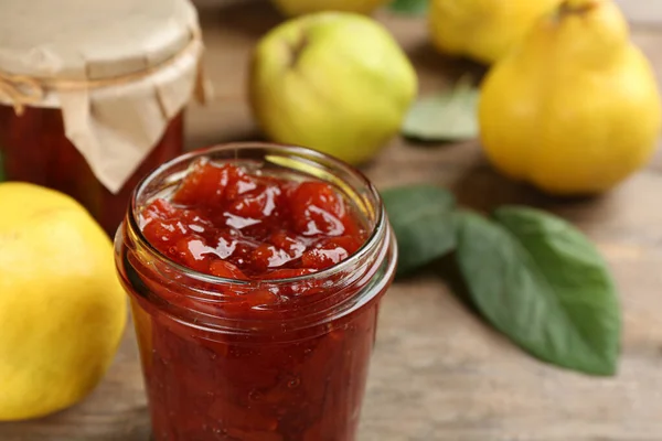 Delicious Quince Jam Jar Table Closeup — Stok fotoğraf