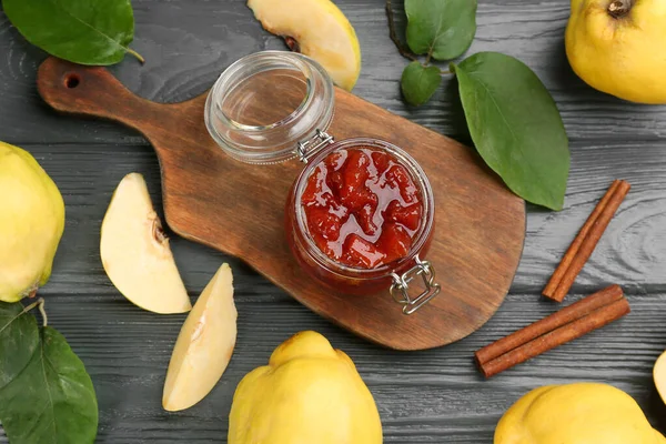 Delicious Quince Jam Fruits Grey Wooden Table Flat Lay — Stok fotoğraf