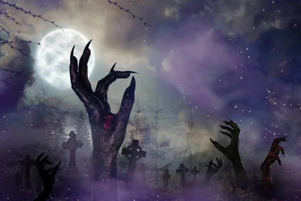 Страшные Зомби Монстры Выходящие Могил Старом Туманном Кладбище Полнолуние Ночь — стоковое фото