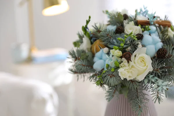 Beautiful Wedding Winter Bouquet Indoors Closeup Space Text — Stock Photo, Image