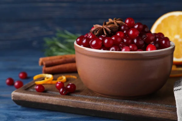 Fresh Ripe Cranberries Spices Blue Wooden Table — Stock Photo, Image