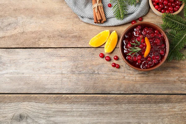 Flat Lay Composition Cranberry Sauce Wooden Table Space Text — Stock Photo, Image