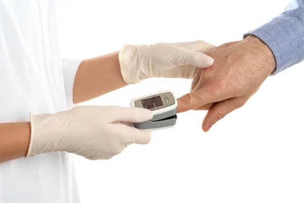 Doctor Checking Patient Oxygen Level Pulse Oximeter White Background Closeup — Stock Photo, Image