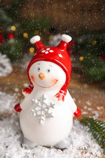 Bonito Boneco Neve Figura Mesa Decoração Natal — Fotografia de Stock