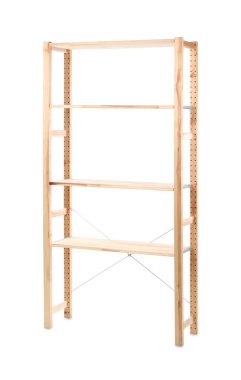 Boş ahşap raf ünitesi beyaz üzerine izole