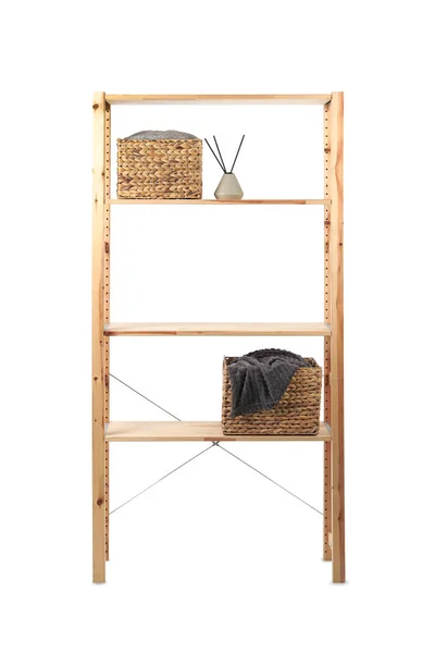 Wooden Shelving Unit Wicker Baskets Isolated White — Stock Photo, Image