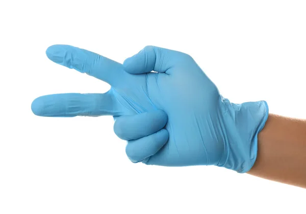 Osoba Niebieskich Rękawiczkach Lateksowych Pokazuje Numer Dwa Białym Tle Zbliżenie — Zdjęcie stockowe