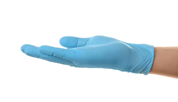 Persona Guantes Látex Azul Sosteniendo Algo Sobre Fondo Blanco Primer — Foto de Stock