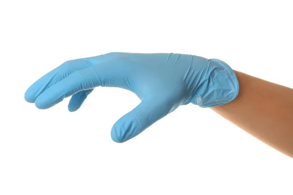 Person Blue Latex Gloves Holding Something White Background Closeup Hand — Stock Photo, Image