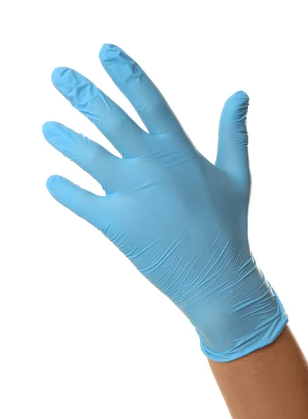 Persona Guantes Látex Azul Sobre Fondo Blanco Primer Plano Mano —  Fotos de Stock