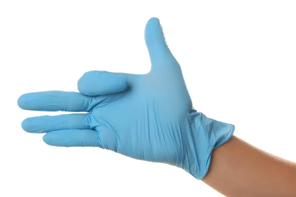 Person Blue Latex Gloves Showing Gesture White Background Closeup Hand — Stock Photo, Image