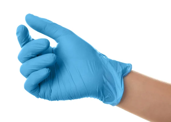 Osoba Niebieskich Rękawiczkach Lateksowych Trzymająca Coś Białym Tle Zbliżenie Rękę — Zdjęcie stockowe