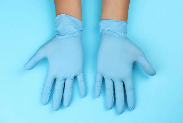 Person Latex Gloves Light Blue Background Closeup Hands — Stock Photo, Image