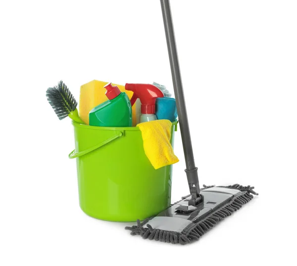 Mop Plastic Bucket Different Cleaning Supplies White Background — Stock Photo, Image
