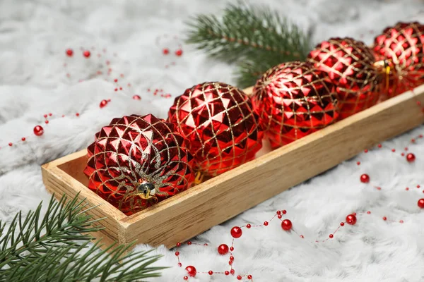 Beautiful Christmas Baubles Box White Fur Closeup — Stock Photo, Image
