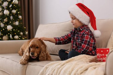 Noel için dekore edilmiş odada İngiliz Cocker Spaniel 'i olan şirin küçük çocuk.