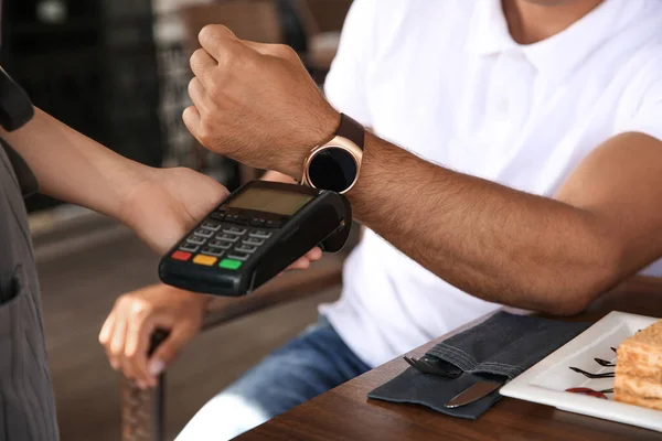 Man Making Payment Smart Watch Cafe Closeup — Stock Photo, Image