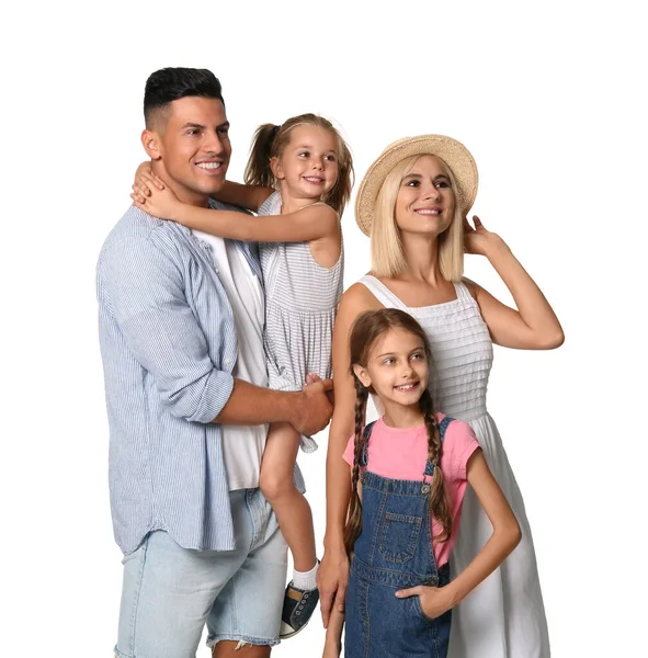 Retrato Família Feliz Fundo Branco — Fotografia de Stock
