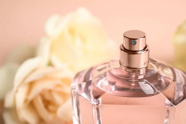 Bottle Perfume Blurred Background Closeup Space Text — Stock Photo, Image