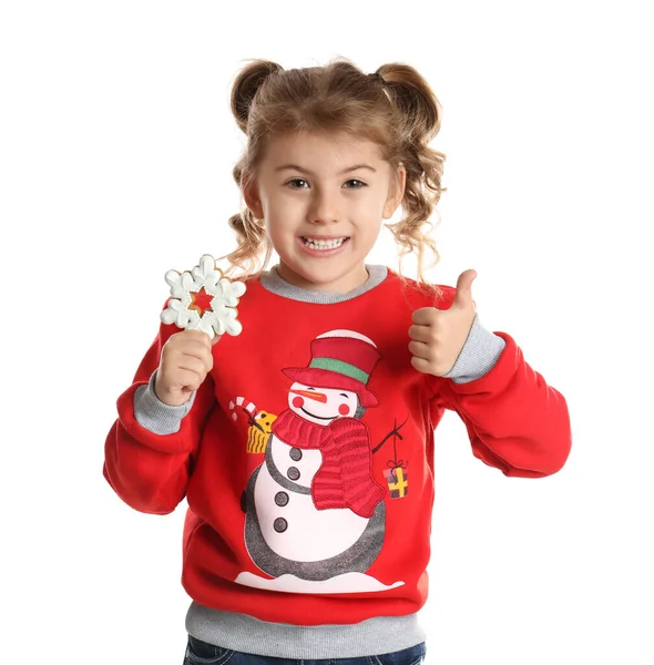 Cute Little Girl Christmas Gingerbread Cookie White Background — Stock Photo, Image