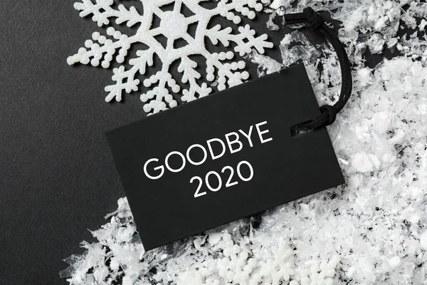 Composizione Flat Lay Con Frase Addio 2020 Neve Artificiale Sulla — Foto Stock
