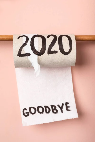 Toilet Paper Roll Text Goodbye 2020 Pink Background — Stock Photo, Image