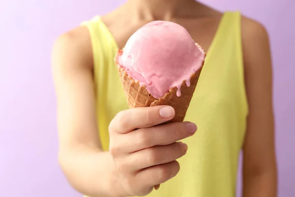 Woman Holding Pink Ice Cream Wafer Cone Violet Background Closeup — Stock Photo, Image