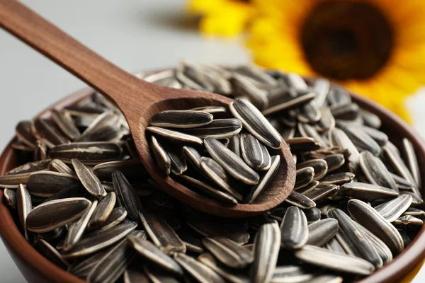 stock image Raw sunflower seeds and wooden spoon in bowl, closeup