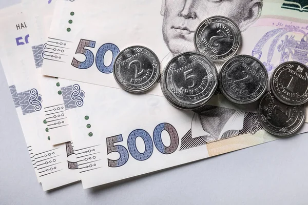 Ukrainisches Geld Auf Hellgrauem Hintergrund Flache Lage — Stockfoto