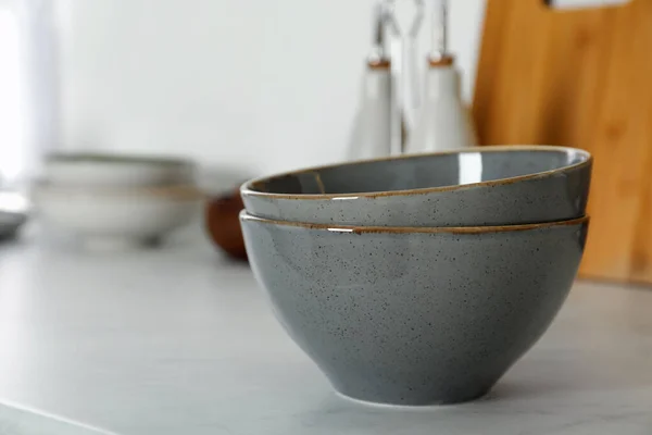 Beautiful Ceramic Bowls White Countertop Kitchen Space Text — Stock Photo, Image